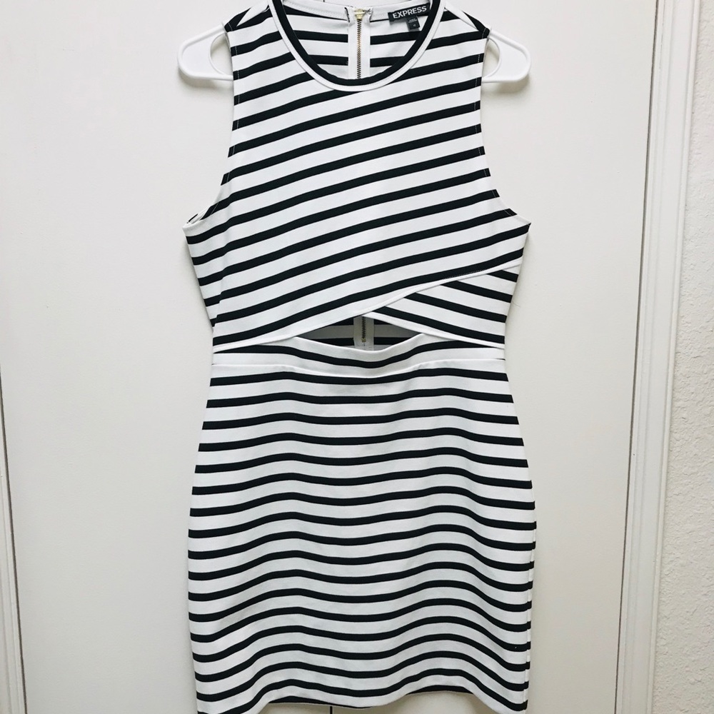 Express Womens Bodycon Black & White Dress Size 12 Stripes Midriff cut out - Picture 2 of 7